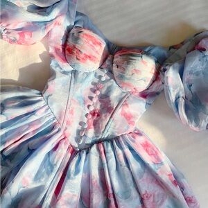 Floral Babydoll Dress in Pastel Blue and Pink
